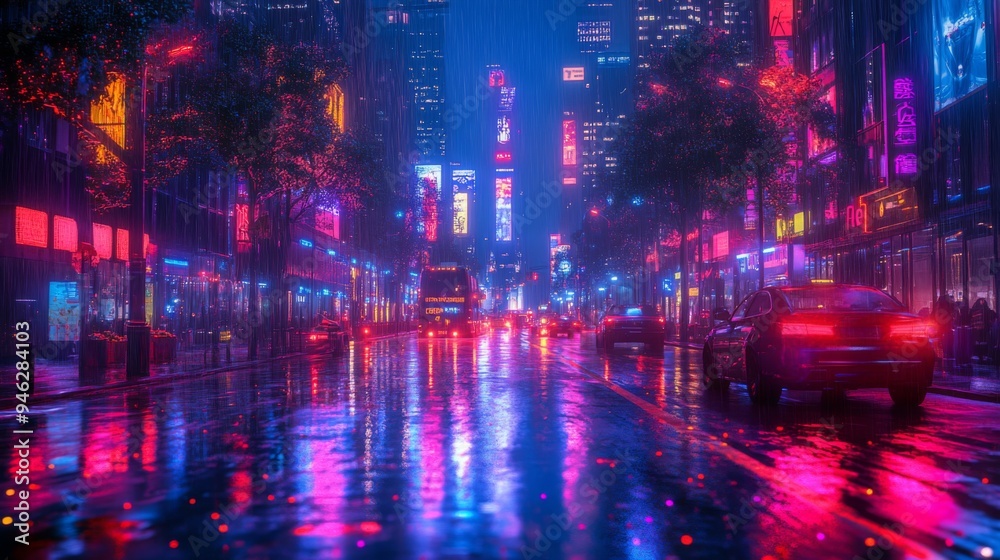Vibrant city street at night, illuminated by neon lights and reflecting on wet pavement, creating a mesmerizing urban scene. Vibrant city street at night, illuminated by neon lights and reflecting on wet pavement, creating a mesmerizing urban scene.