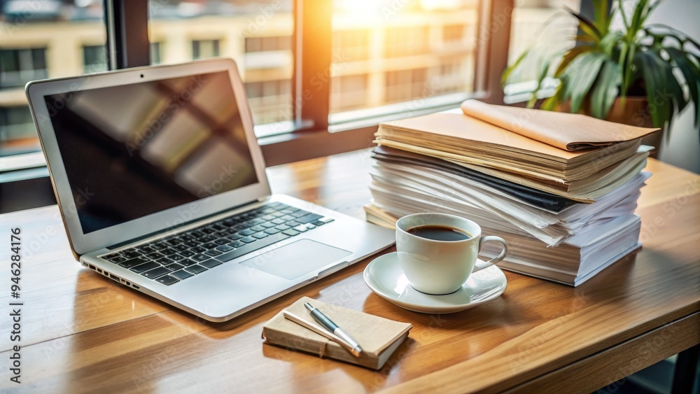 A neatly organized desk with a laptop, open book, and a stack of bills, surrounded by coffee cups and scattered papers, evoking a sense of busy productivity. A neatly organized desk with a laptop, open book, and a stack of bills, surrounded by coffee cups and scattered papers, evoking a sense of busy productivity.