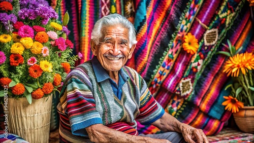 An elderly gentleman with silver hair and warm smile sits on a colorful blanket, surrounded by vibrant flowers and traditional Latin American textiles. photo