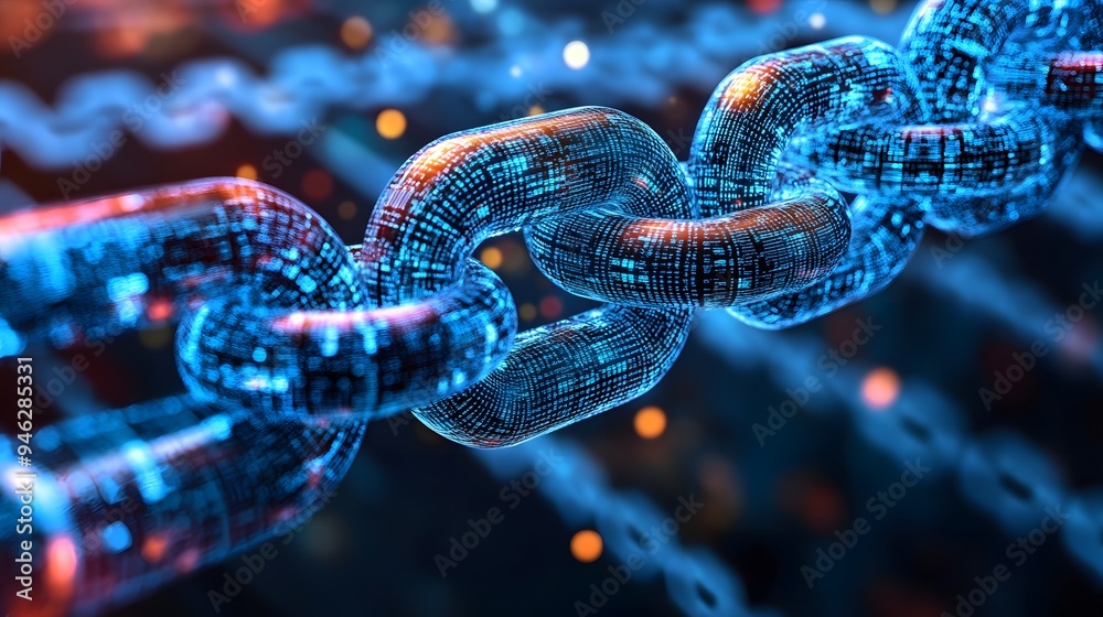 Conceptual image of blockchain chains interwoven with AI data fibers Conceptual image of blockchain chains interwoven with AI data fibers