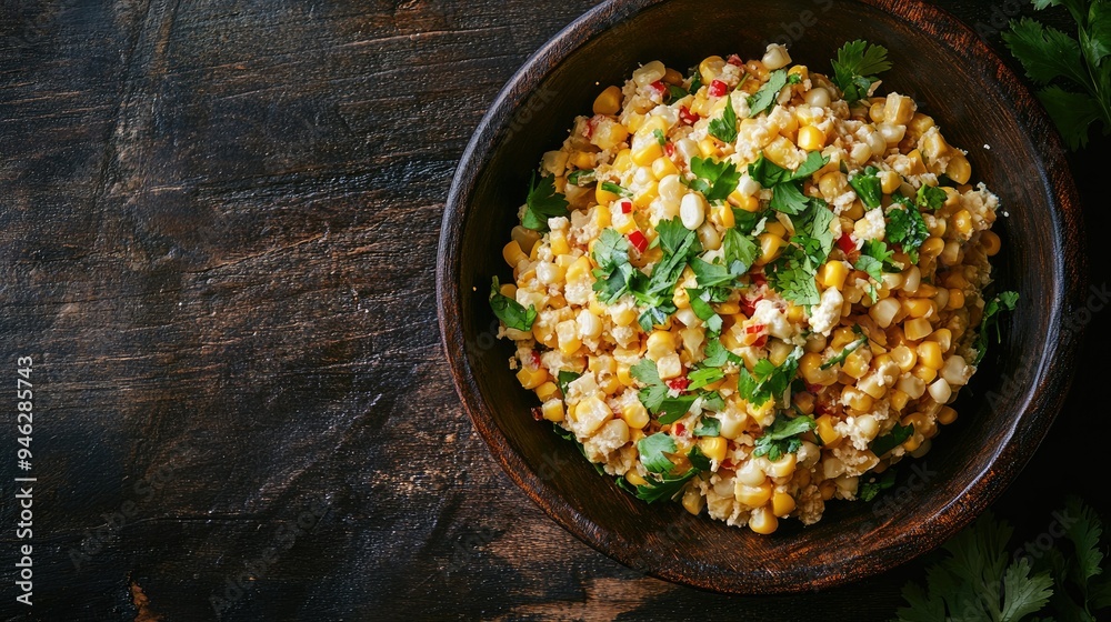 Top view of a bowl of esquites, corn salad with cheese, space for text Top view of a bowl of esquites, corn salad with cheese, space for text
