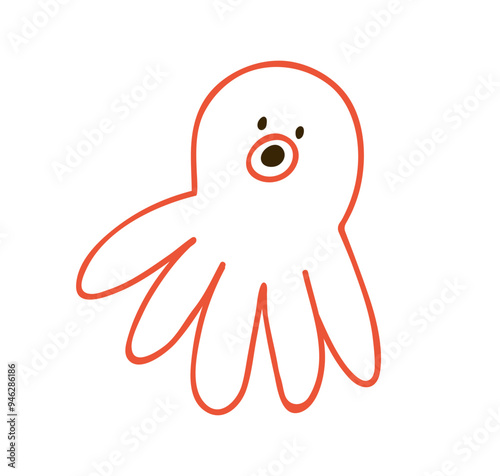 Cute octopus in simple doodle kids style. Funny sea animal with tentacles, ch...