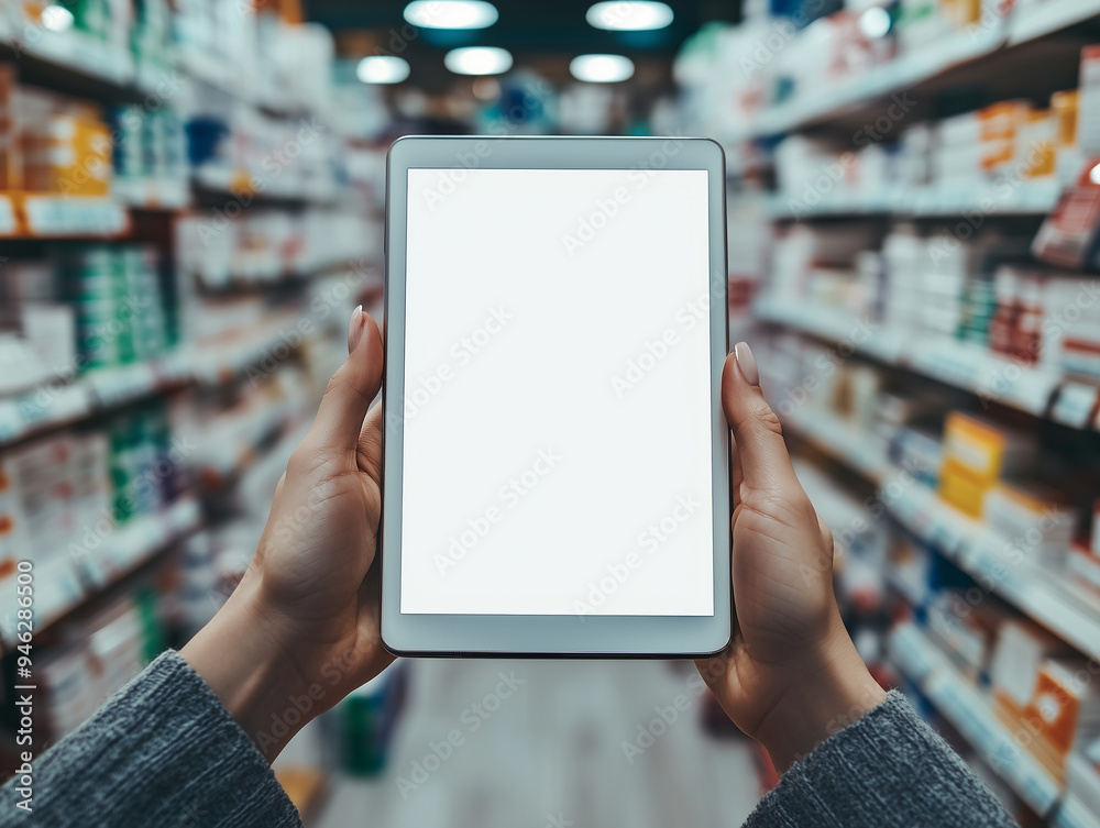 Person holding a blank tablet in a well-stocked pharmacy aisle with colorful products around Person holding a blank tablet in a well-stocked pharmacy aisle with colorful products around