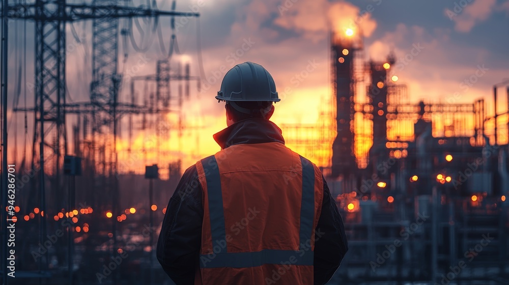 Engineer Overlooking Power Station at Sunset