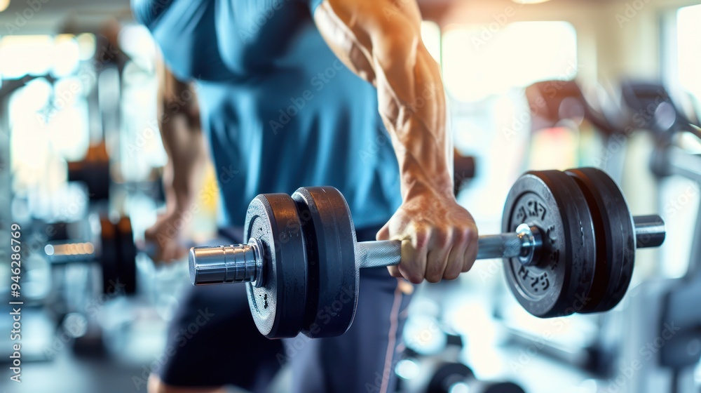 A person lifting weights in a gym with a focus on their form and technique A person lifting weights in a gym with a focus on their form and technique
