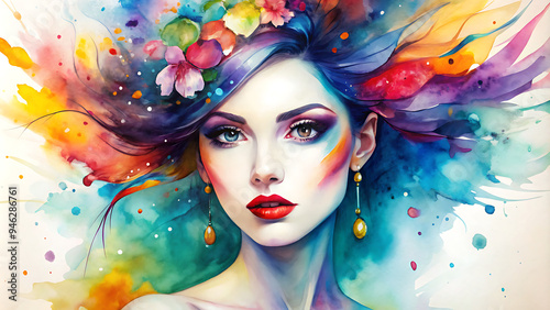 The fashion girl with the flower in her hair. Watercolor vector illustration, Portrait of a young girl in floral wreath . Hand drawn face in vector. Ink watercolor painting