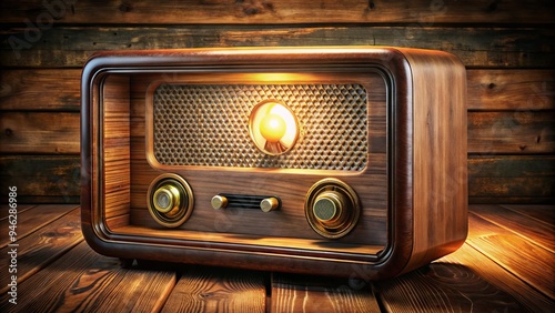 A retro-style analogue fm radio receiver with glowing tuning dial and worn wooden cabinet exudes nostalgic charm, evoking memories of classic music and broadcasting era. photo