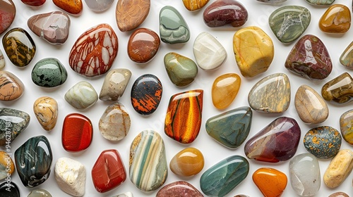 Isolated closeup of a natural brown stone heart with colorful, sweet candy pebbles on a white background photo