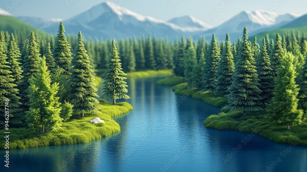 Serene mountain lake surrounded by lush evergreen forest. Serene mountain lake surrounded by lush evergreen forest.