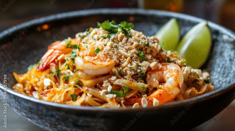 A detailed shot of a bowl of Thai Pad Thai with shrimp, garnished with crushed peanuts and lime wedges, showcasing the colorful and flavorful noodles. A detailed shot of a bowl of Thai Pad Thai with shrimp, garnished with crushed peanuts and lime wedges, showcasing the colorful and flavorful noodles.