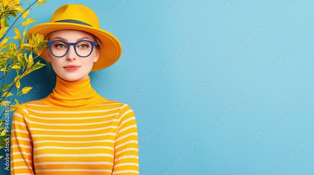 Fashionable Young Woman in Striped Yellow Outfit and Blue Background Fashionable Young Woman in Striped Yellow Outfit and Blue Background