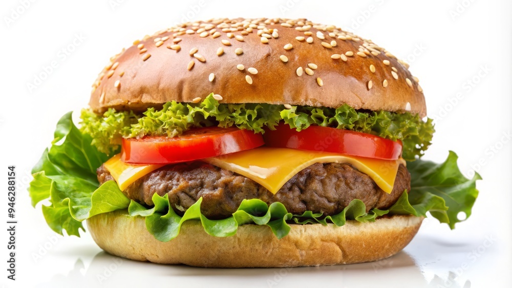 A savory, juicy beef patty between a soft, sesame-seed bun, topped with crispy lettuce, ripe tomato, and melted cheese, against a clean white background.
