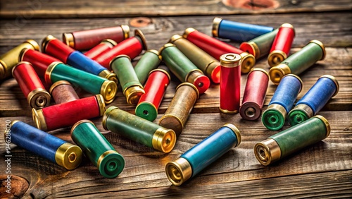 A scattered assortment of 20-gauge shotgun shells in various colors, arranged randomly on a rustic wooden surface, with blurred background emphasizing ammunition details.