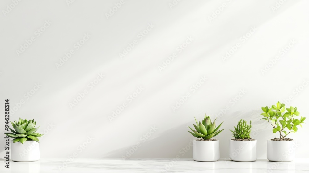 Minimalist Home Decor - Small Potted Succulents on White Marble Countertop with Soft Shadows and Natural Light Minimalist Home Decor - Small Potted Succulents on White Marble Countertop with Soft Shadows and Natural Light