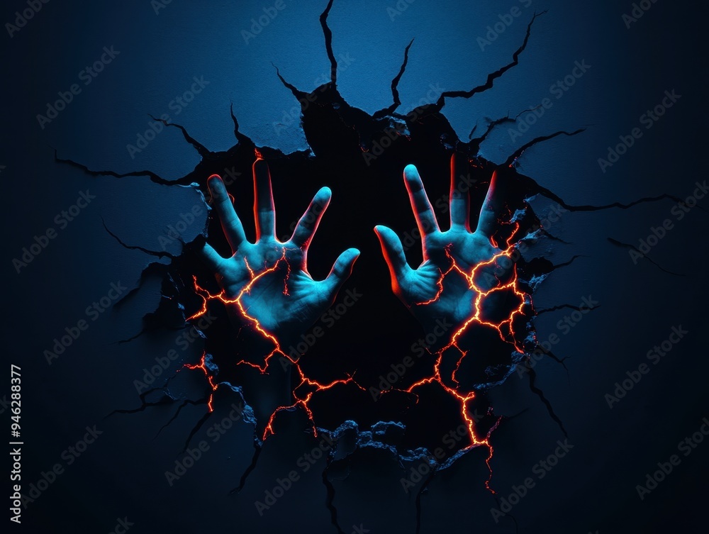 Dramatic Hand Wave Dramatic visual of glowing hands emerging from cracks, conveying a ...