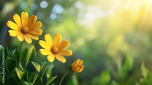 Three vibrant yellow flowers bloom in a lush green meadow bathed in soft sunlight. photo