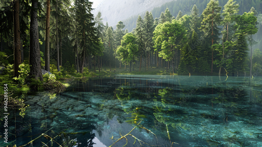 a forest with a crystal-clear lake reflecting the surrounding trees