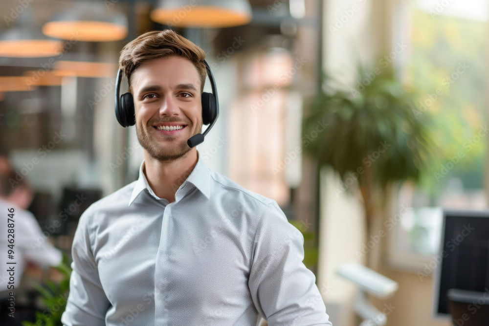 Portrait of young blonde customer support agent standing with headphones in modern workplace. Handsome male operator working in customer support help center and smiling at camera. Portrait of young blonde customer support agent standing with headphones in modern workplace. Handsome male operator working in customer support help center and smiling at camera.