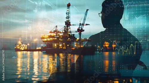Businessman studying global internet applications with a focus on crude oil prices, oil rig machinery visible