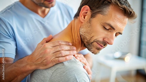 A serene, close-up view of a skilled hand gently applying pressure to a tense shoulder, promoting relaxation and soothing muscle strain with expert technique.
