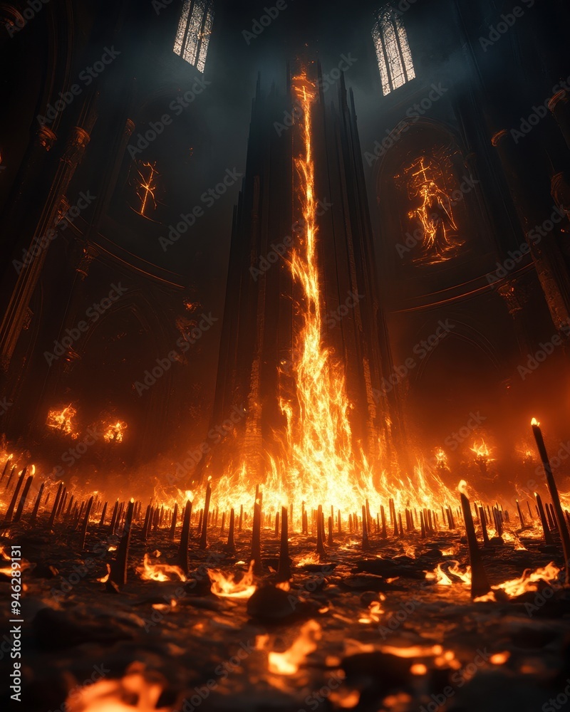 Dramatic flames in a dark, gothic cathedral, illuminating intricate ...