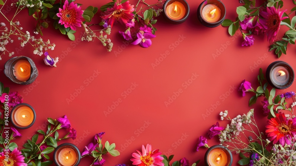 Diwali Background with Diyas and Flowers on Red.. Diwali Background with Diyas and Flowers on Red..