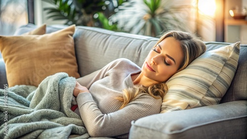 A serene, exhausted female figure reclines on a cozy couch, eyes closed, surrounded by soft pillows and blankets, exuding tranquility and relaxation.