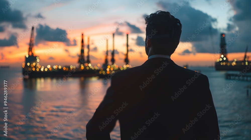 Businessman using digital marketing strategies with a focus on crude oil prices, oil rigs in the distance Businessman using digital marketing strategies with a focus on crude oil prices, oil rigs in the distance
