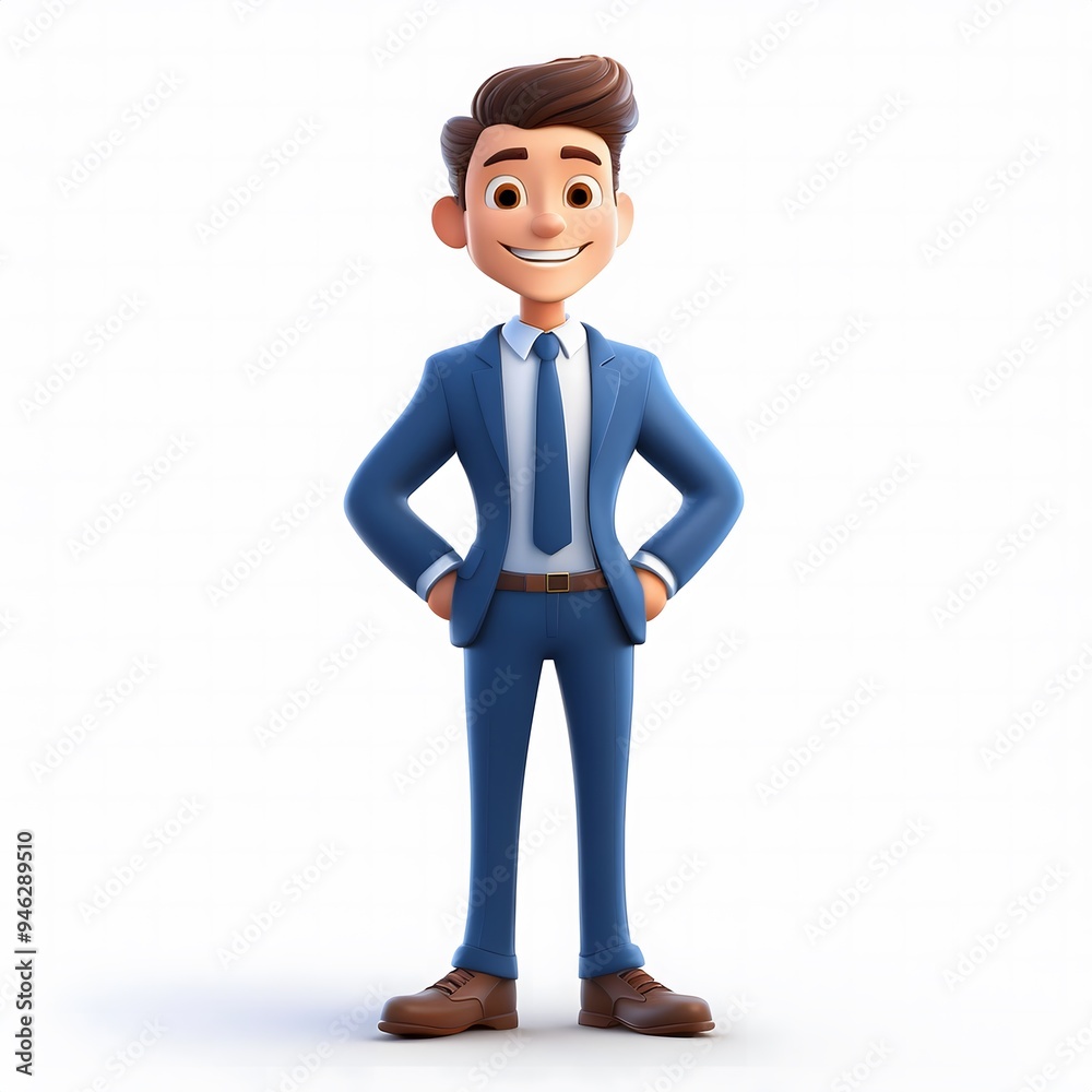 Businessman in blue suit holding waist gesture. 3d illustration. Cartoon characters. Business teamwork concept Businessman in blue suit holding waist gesture. 3d illustration. Cartoon characters. Business teamwork concept