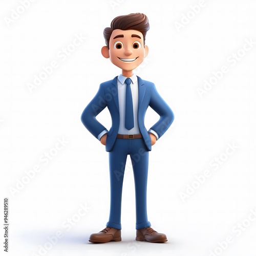 Businessman in blue suit holding waist gesture. 3d illustration. Cartoon characters. Business teamwork concept