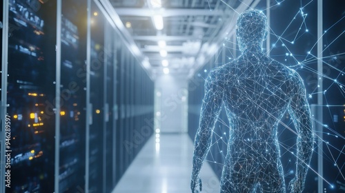 digital humanoid AI in a data center in white and light blue lines