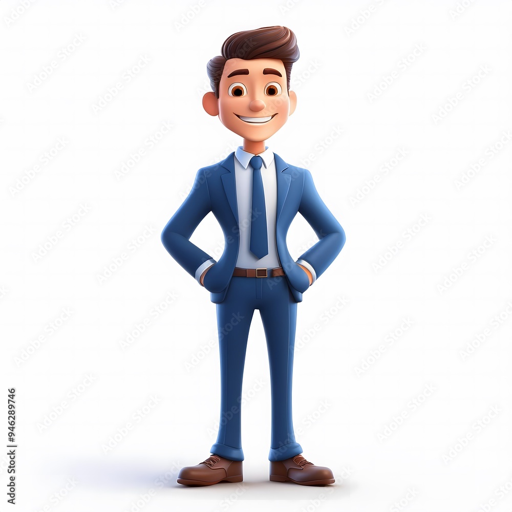 successful businessman in blue suit holding waist in 3d style, white background successful businessman in blue suit holding waist in 3d style, white background