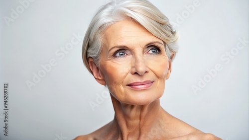 A serene, rejuvenated senior woman with a smooth, tightened facial complexion and defined jawline, showcasing a successful rhytidectomy procedure, against a soft, white background. photo