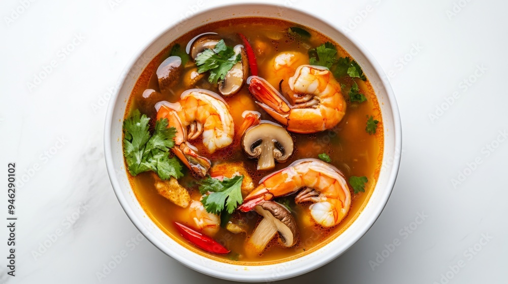 A detailed shot of a bowl of Tom Yum Goong with shrimp and mushrooms, with the soup clear broth and aromatic spices visible, set against a clean white background. A detailed shot of a bowl of Tom Yum Goong with shrimp and mushrooms, with the soup clear broth and aromatic spices visible, set against a clean white background.