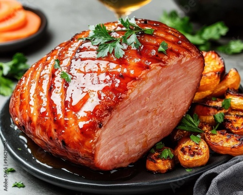 Juicy honeyglazed ham with caramelized edges photo