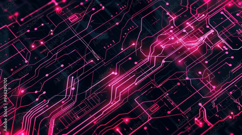 Abstract digital circuitry background with vibrant pink lines and glowing nodes on a dark backdrop