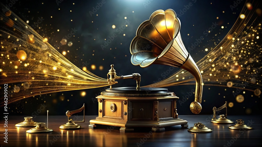 A shiny gold gramophone stands proudly on a dark background, surrounded by musical notes and vinyl records, evoking nostalgia and vintage musical heritage. A shiny gold gramophone stands proudly on a dark background, surrounded by musical notes and vinyl records, evoking nostalgia and vintage musical heritage.