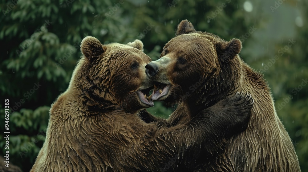 Obraz premium Entertaining bears wrestling in a forest close-up