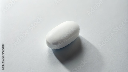 A single white pill rests on a clean, minimalist white background, casting a subtle shadow, highlighting its shape and contours in a clinically neutral setting.