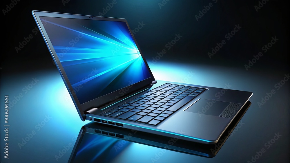A sleek black laptop lies open on a dark background, its glossy surface reflecting subtle light, keyboard keys gleaming, and screen glowing with soft blue hues. A sleek black laptop lies open on a dark background, its glossy surface reflecting subtle light, keyboard keys gleaming, and screen glowing with soft blue hues.