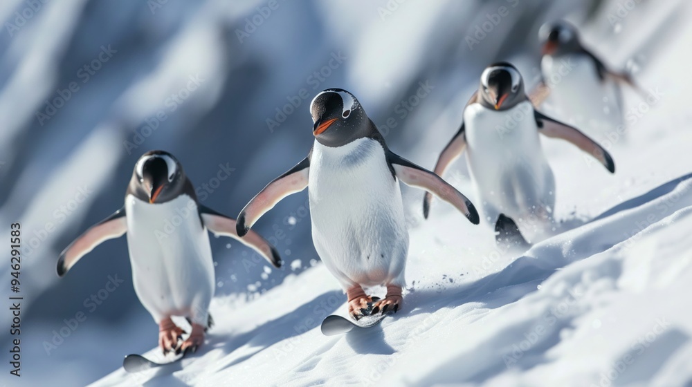 Fototapeta premium Laughable penguins skiing downhill close-up