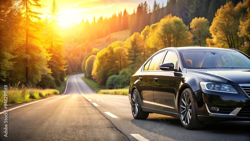 A sleek, black sedan is parked on a sun-drenched highway, door open, with a blurred background of trees and a sense of adventure unfolding.