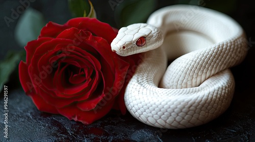 A white snake shedding its skin next to a red rose, symbolizing renewal and transformation.