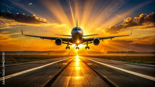 A sleek commercial airliner's distinctive silhouette casts a dramatic shadow on the sun-kissed runway during takeoff, capturing the thrill of flight in warm afternoon light. photo