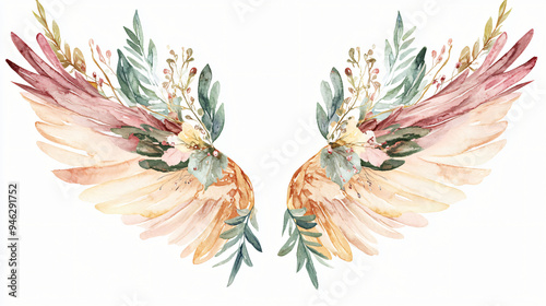 Boho Christmas angel ornament clipart, with feathered wings, watercolor illustration, muted colors, isolated on white background