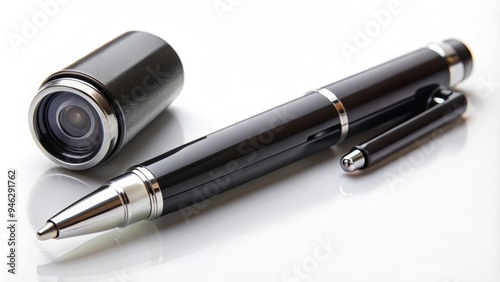 A sleek, high-tech writing instrument with a hidden camera and microphone, discretely concealed within a seemingly ordinary pen, perfect for covert surveillance operations. photo