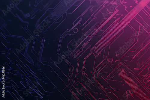  Abstract representation of a circuit board with glowing neon lines and geometric patterns against a dark background. The image evokes a high-tech, futuristic feel with ample copy space