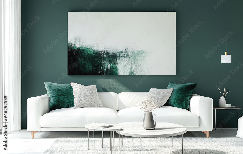 Modern minimalist living room with a white sofa and emerald green
