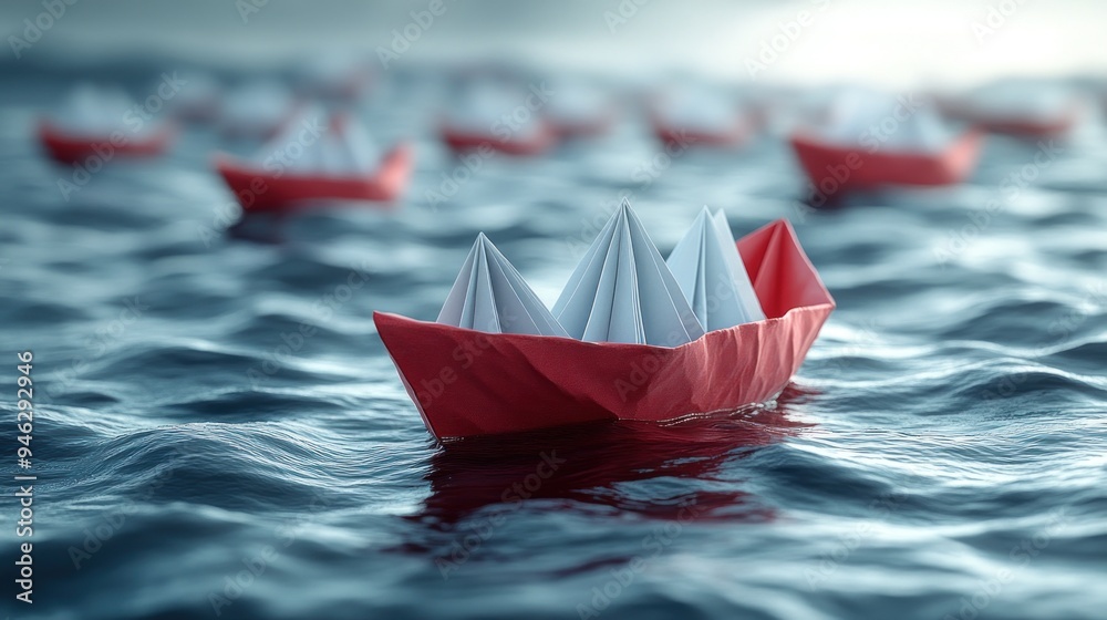 Red Paper Boat Floating on Water Red Paper Boat Floating on Water