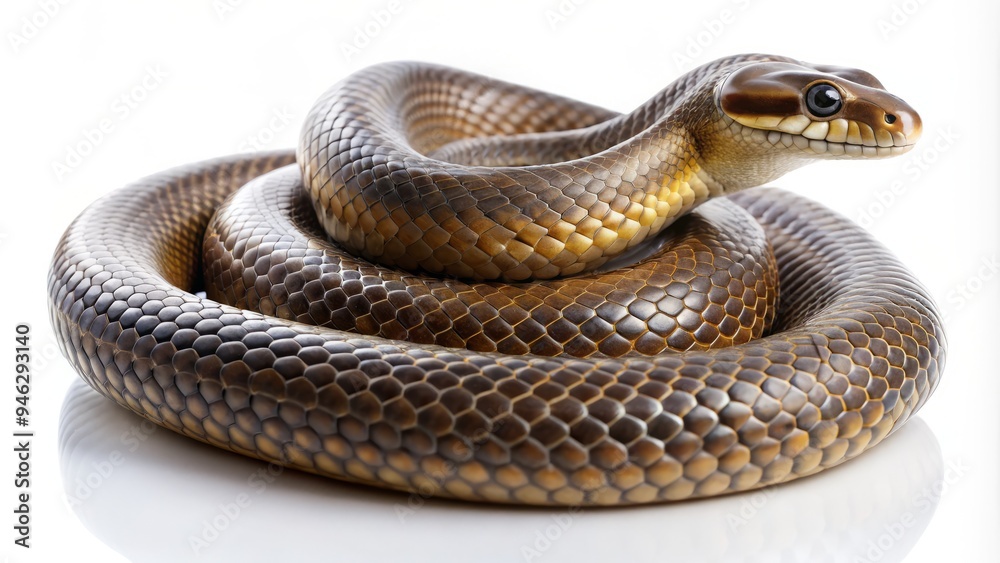 A sleek serpent coils against a pristine white background, its scaly body glistening in sharp contrast, showcasing the beauty of this often-feared reptile.